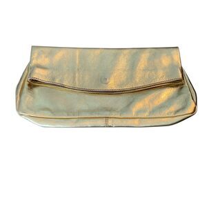 Nordstrom Folding Clutch Bag Pebbled Leather Large Gold Metallic Snap Zip Italy